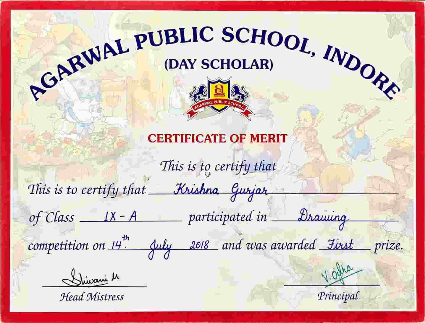Certificate — Drawing competition, First prize, Class 9