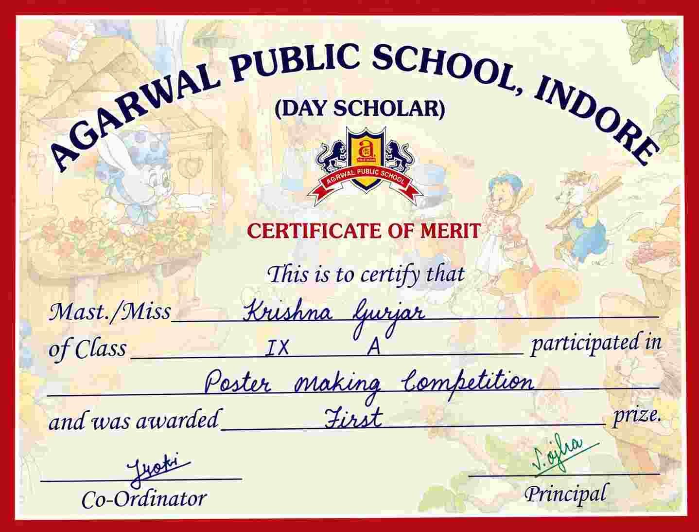 Certificate — Poster making competition, First prize, Class 9
