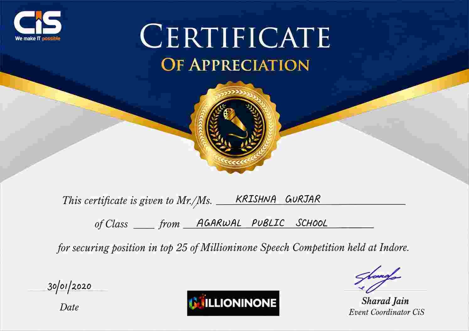 Certificate — Millioninone Speech Competition Indore, top 25