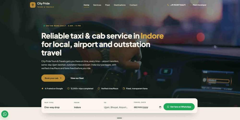 City Pride Tours and Travels taxi service website homepage with WhatsApp fare booking