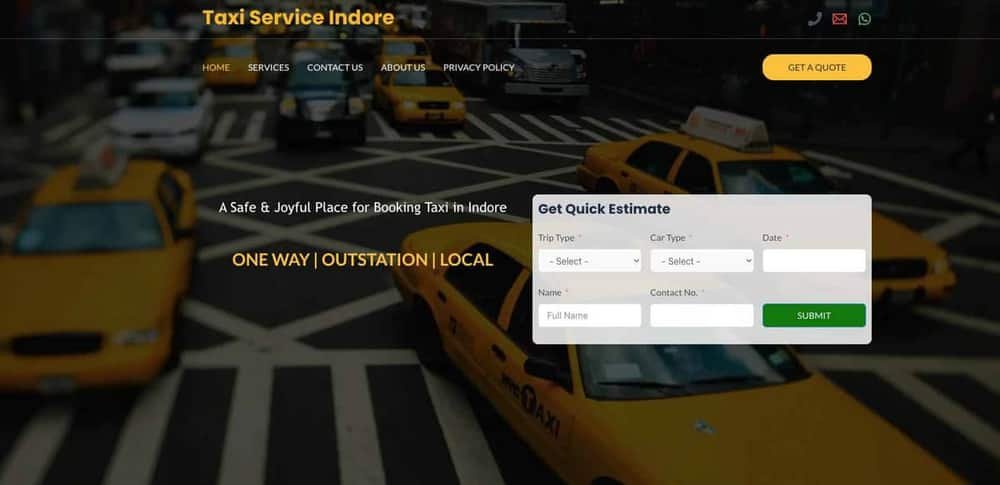 Taxi Service Indore website hero section with quote form